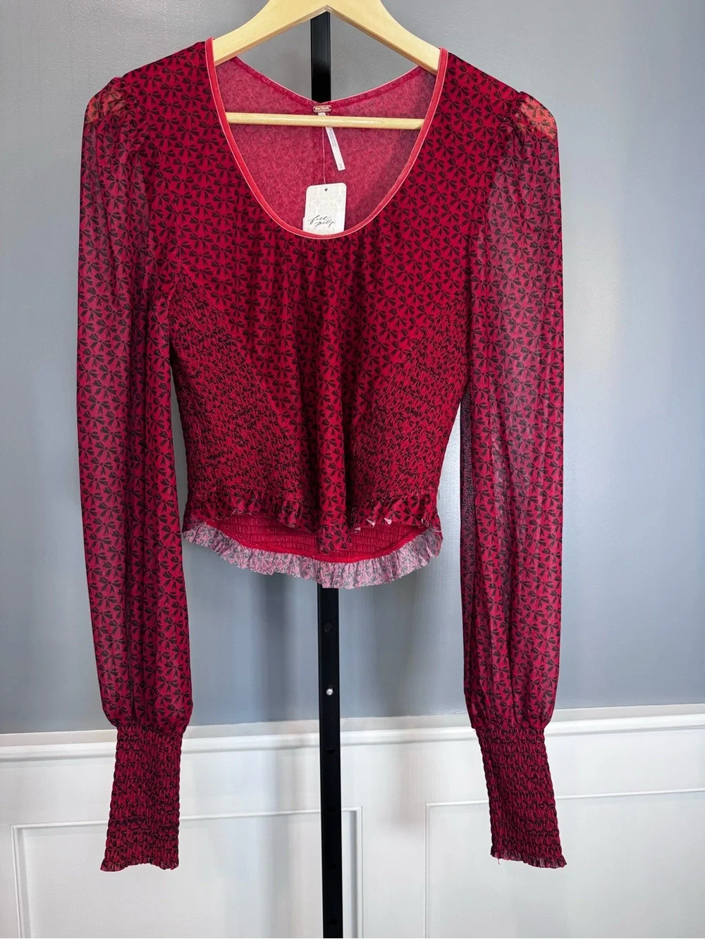 Free People Dottie Knit Top Salsa Red Floral Smocked Blouse Medium NWT